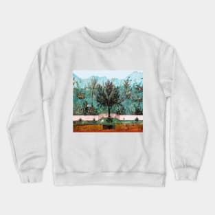 ANTIQUE ROMAN WALL PAINTING Flower Garden Flying Birds Pine,Quince ,Apple Trees Crewneck Sweatshirt